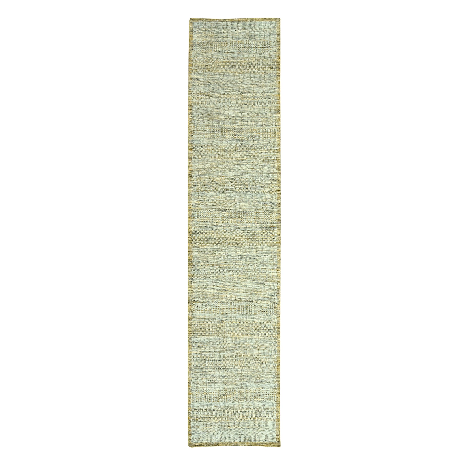 Mustard Yellow, Oxidized and Distressed Grass Design with Exposed Warps, 100% Wool, Hand Knotted, Narrow Runner, Oriental Rug